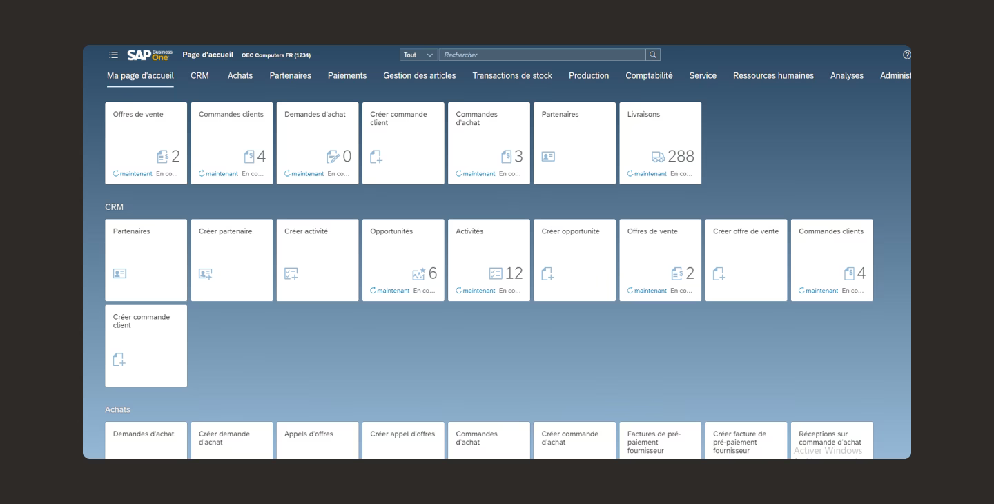 Capture d’écran de l’interface SAP Business One affichant le tableau de bord avec les modules CRM, achats, partenaires et livraisons.