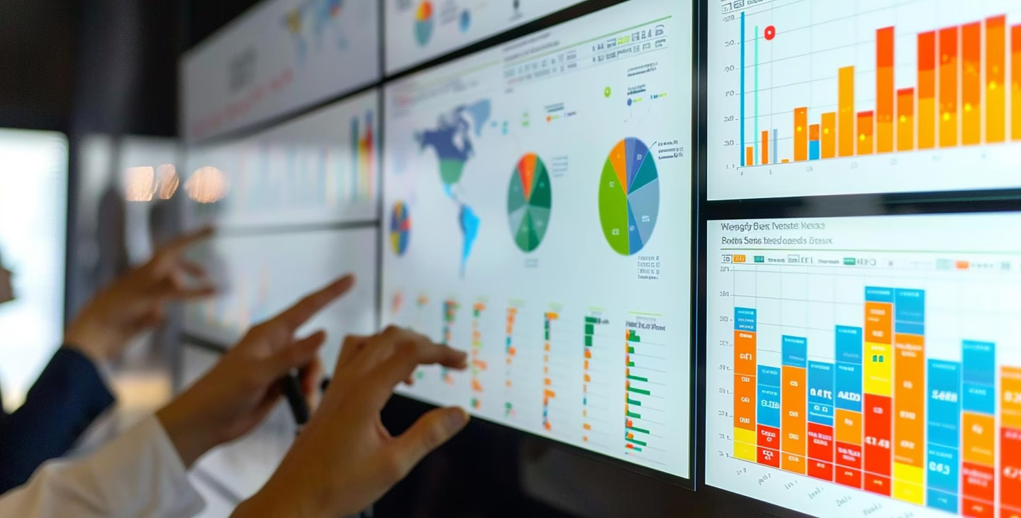 Écran interactif affichant un dashboard de gestion des risques avec graphiques, cartes et indicateurs de performance.
