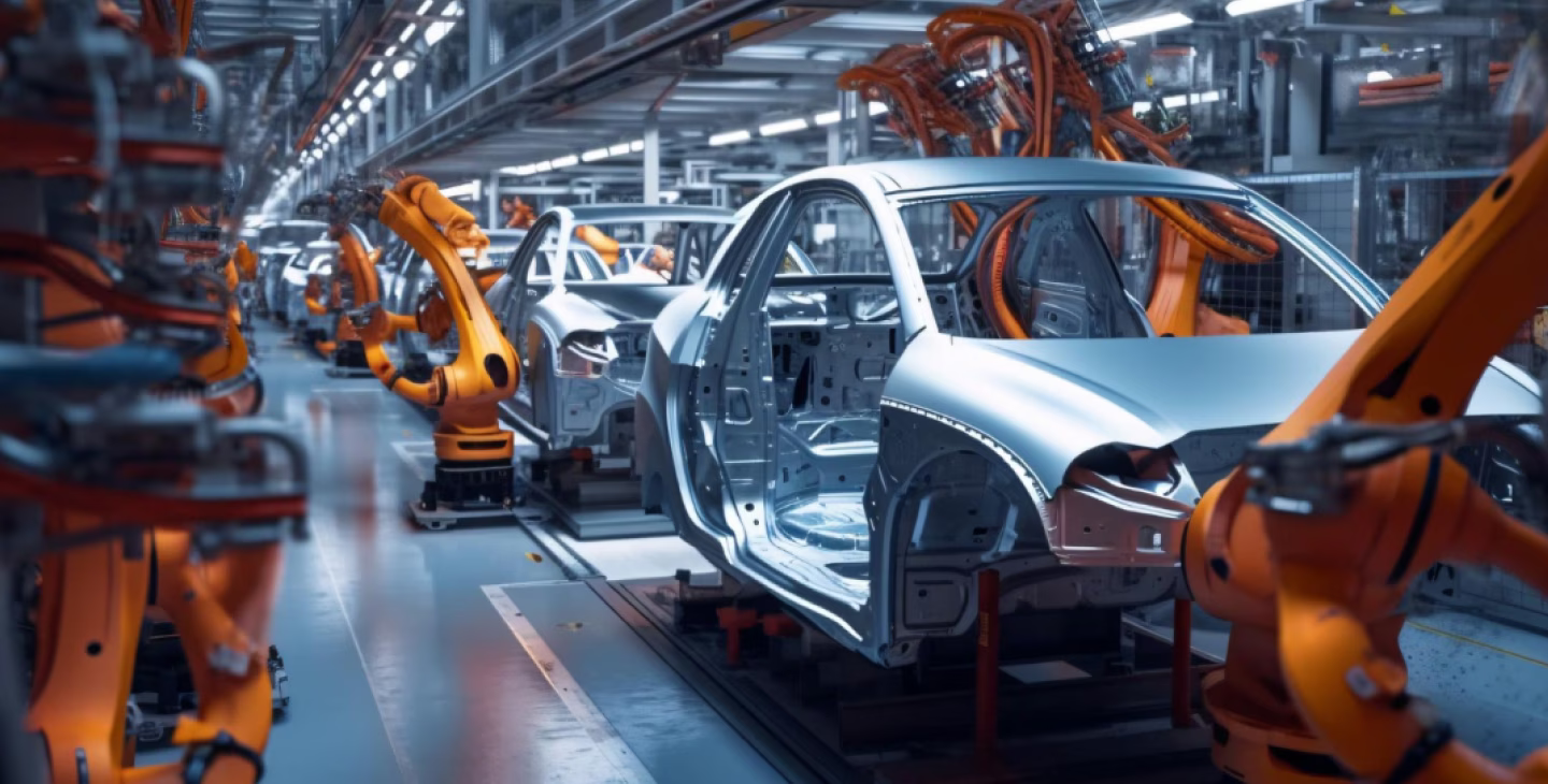 ligne de production automobile avec robots industriels automatisés en usine moderne
