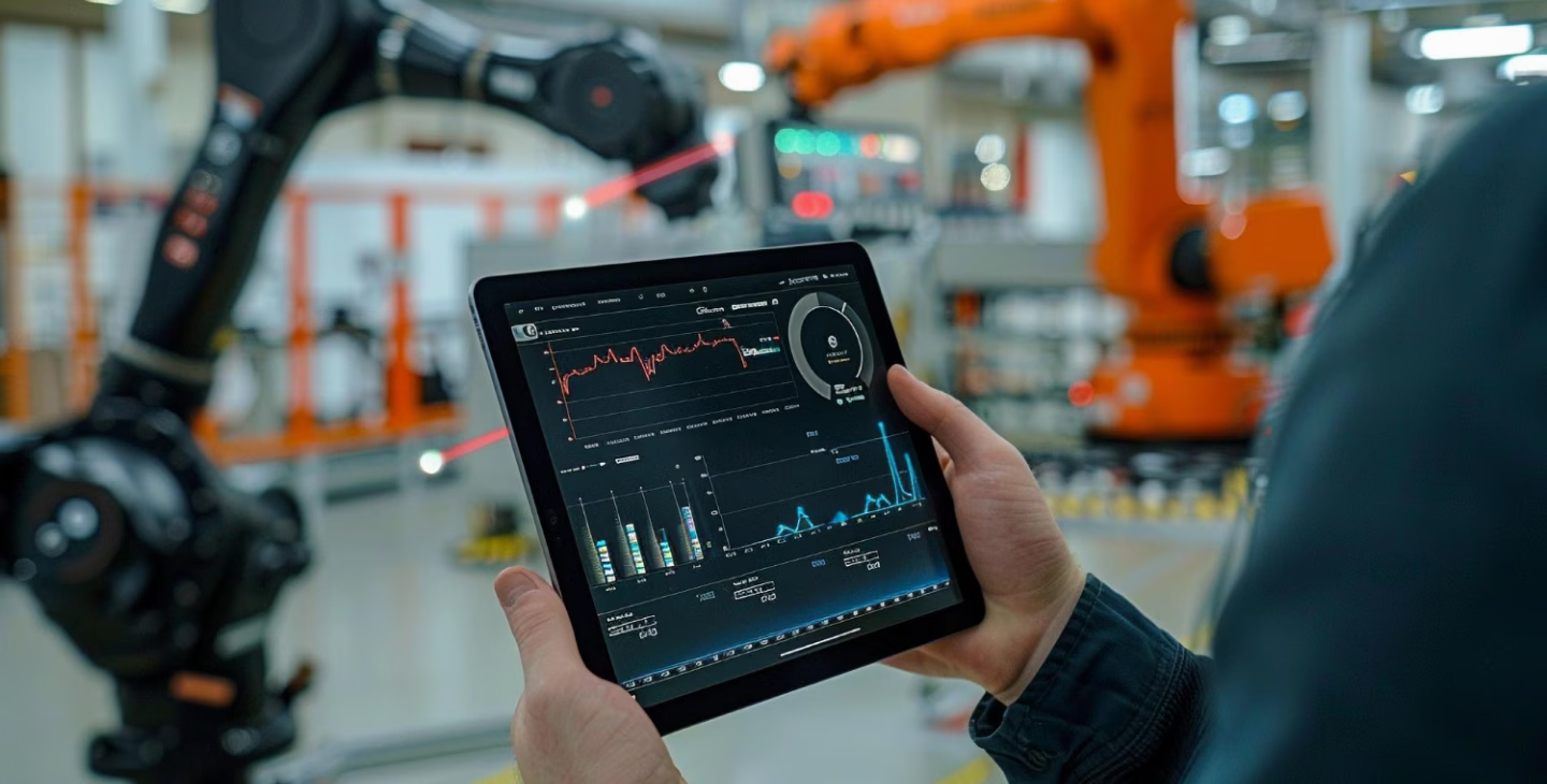 Un technicien surveille sur une tablette les données de performance d’un robot industriel dans un atelier connecté, illustrant l’implémentation d’un logiciel MES pour optimiser la production.