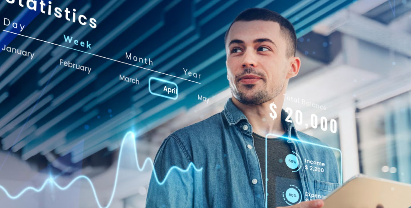 Homme consultant des statistiques financières interactives sur une tablette, avec des graphiques et des données de revenu et dépenses affichés en réalité augmentée.