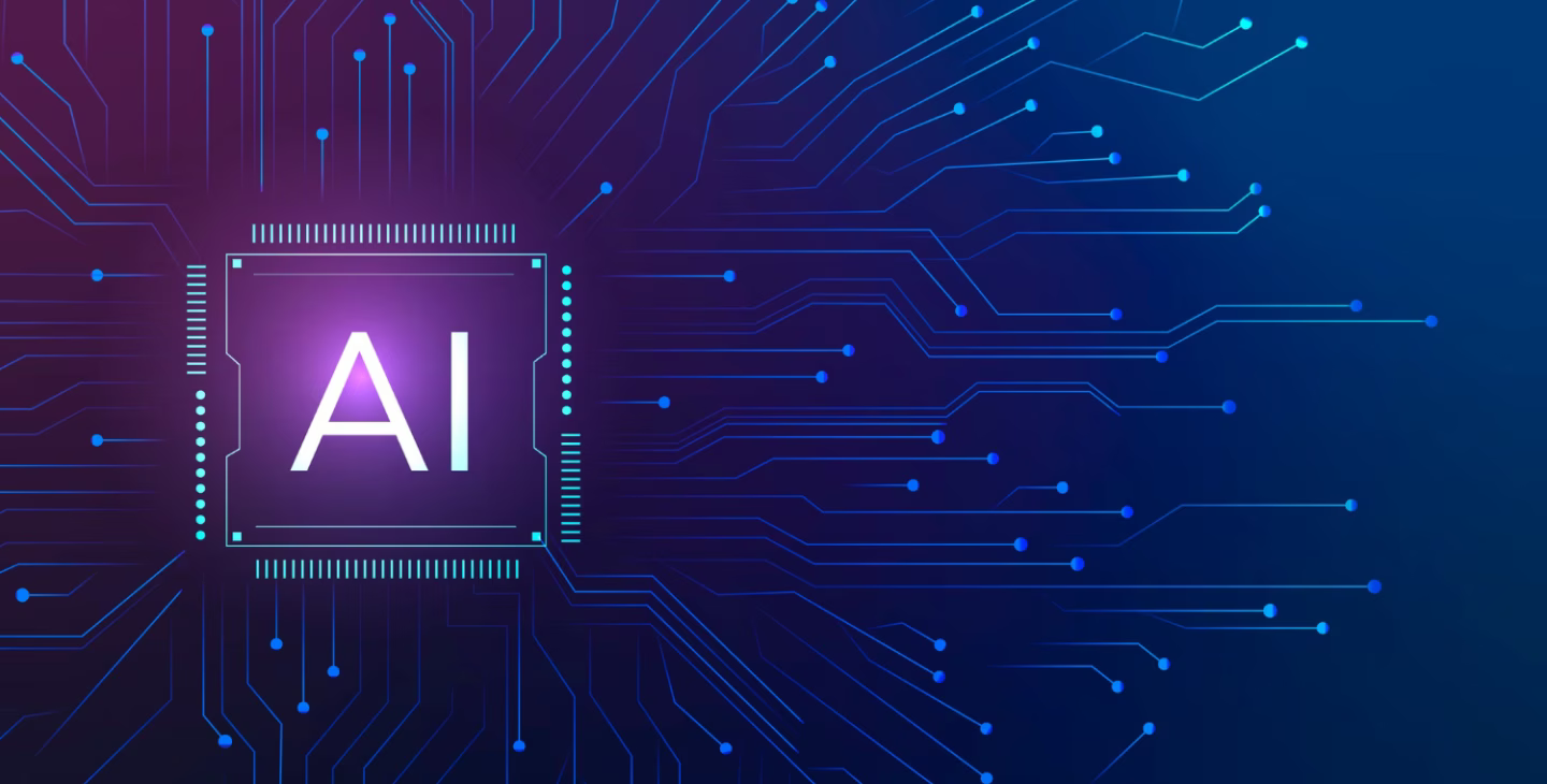 Représentation numérique d’un circuit imprimé stylisé avec le sigle « AI », symbolisant l’IA industrielle et son rôle dans l’automatisation intelligente des processus de production.