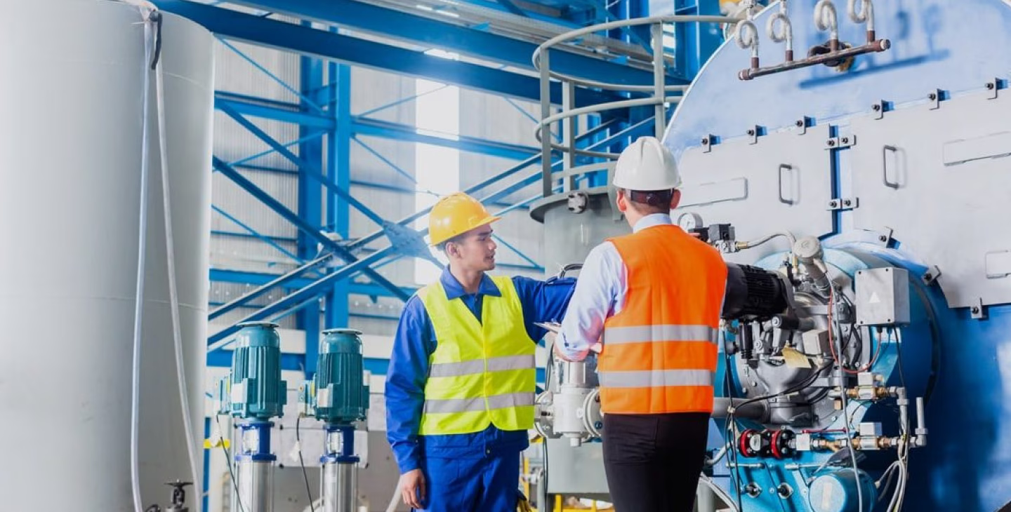 Deux techniciens portant des casques et des gilets de sécurité discutent devant une grande machine industrielle dans un environnement de production moderne.