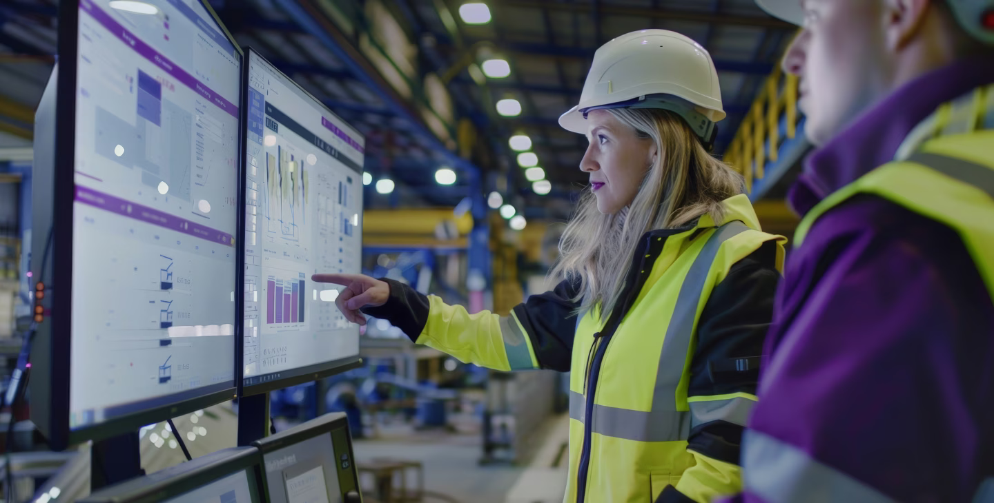 Deux analystes en usine utilisant des écrans tactiles pour surveiller les données de performance industrielle