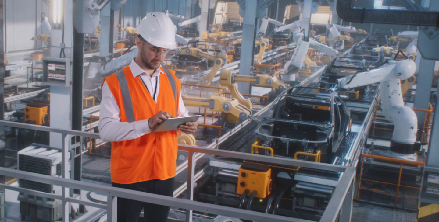 Ingénieur en contrôle qualité utilisant une tablette numérique dans une usine automobile avec des robots industriels en arrière-plan, illustrant l'automatisation et la technologie avancée dans la production automobile.