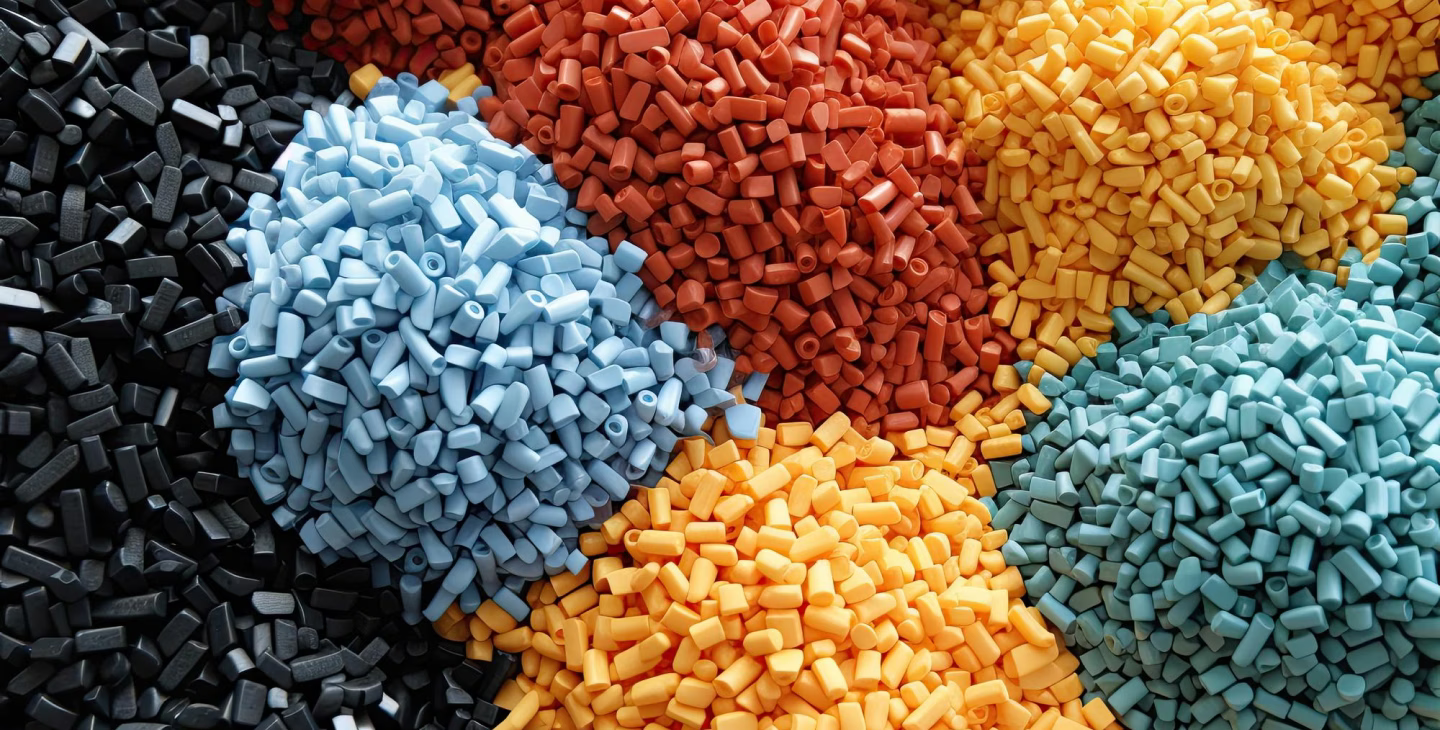Granulés plastiques de différentes couleurs représentant la matière première recyclée utilisée pour réduire le gaspillage dans la plasturgie.