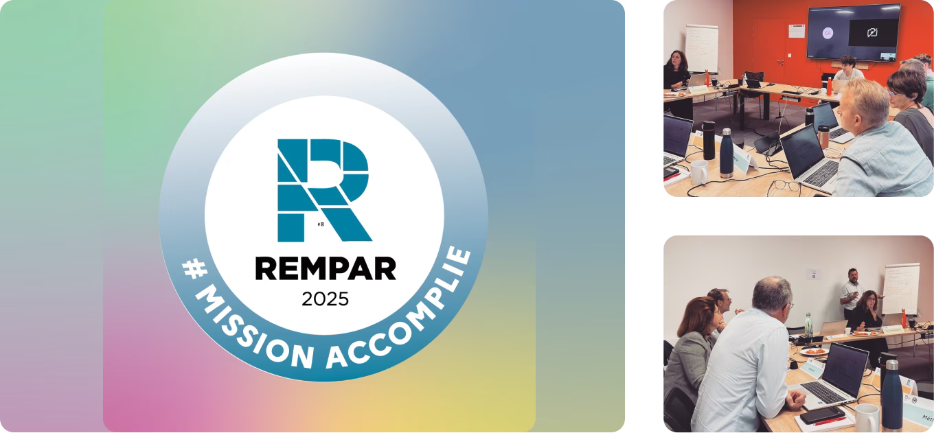 Équipe en réunion pour le projet REMPAR25 avec le slogan mission accomplie
