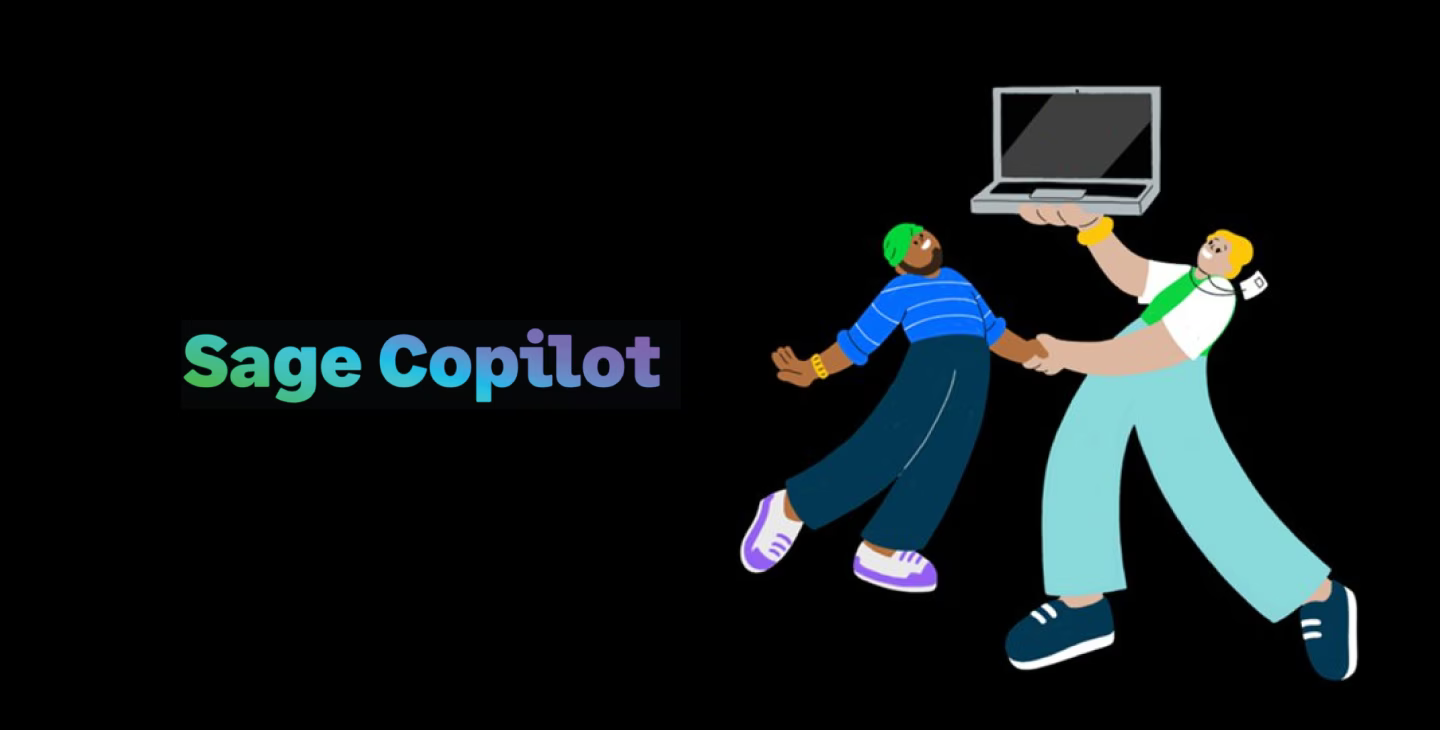 Illustration de deux personnages animés, l’un tenant un ordinateur portable, avec le texte "Sage Copilot".
