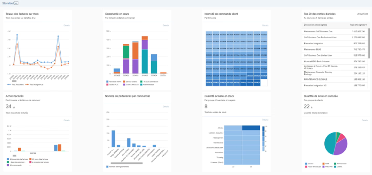 Tableau de bord SAP Business One affichant graphiques de ventes, opportunités commerciales, commandes clients et stocks.