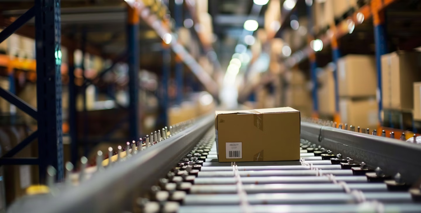 Colis sur un convoyeur automatisé dans un entrepôt logistique entouré d'étagères remplies de cartons.
