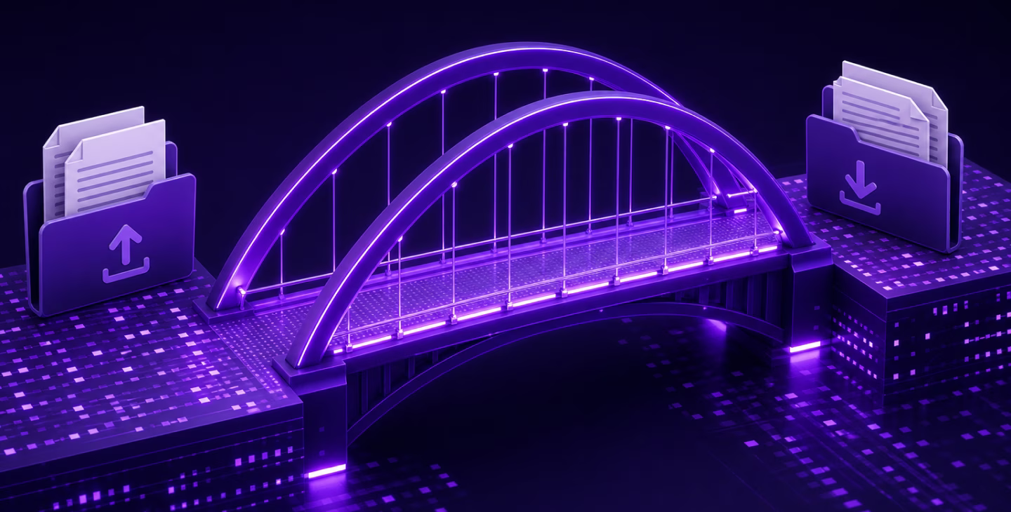 Illustration d’un pont numérique reliant des documents, symbolisant la continuité de Crystal Reports dans IFS Cloud 26R2.