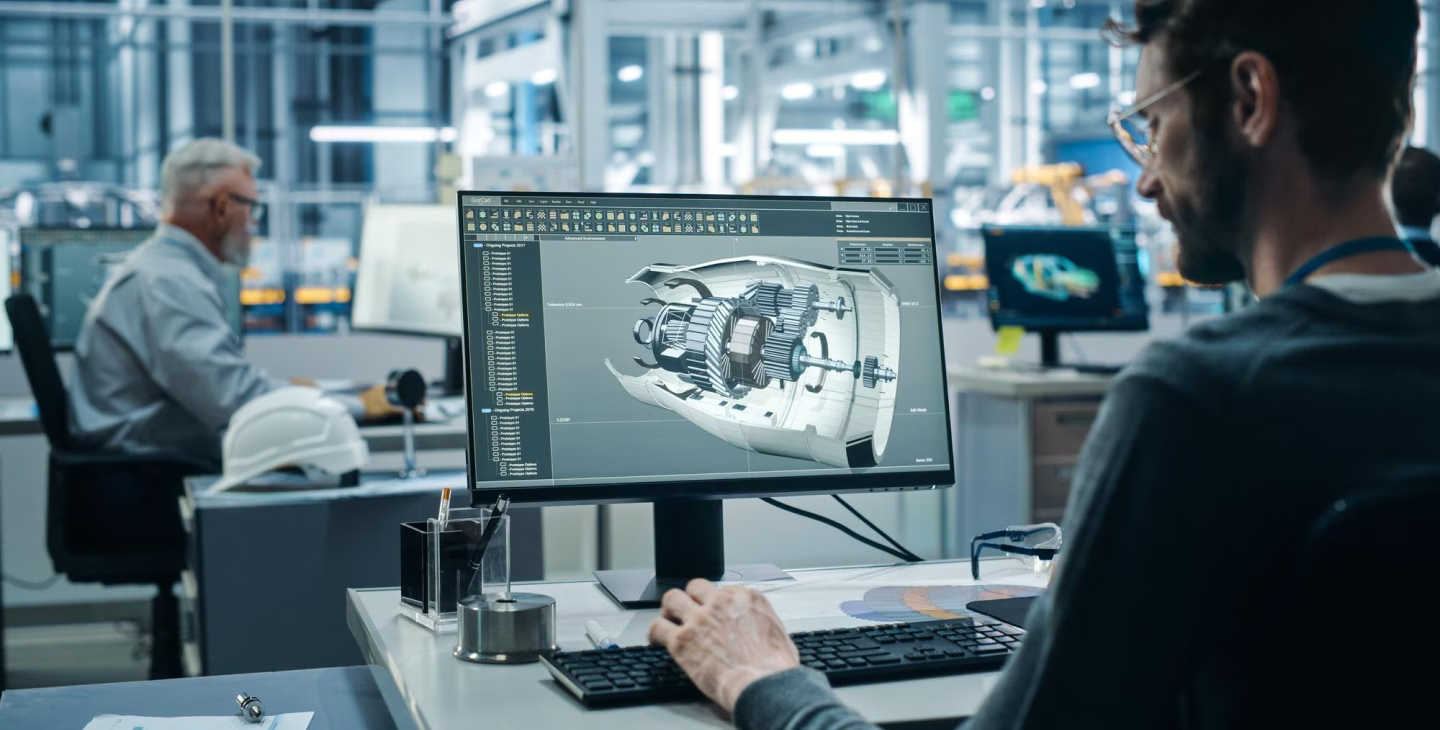 Ingénieur utilisant un logiciel ERP bureau d’études pour la conception industrielle et la modélisation 3D.