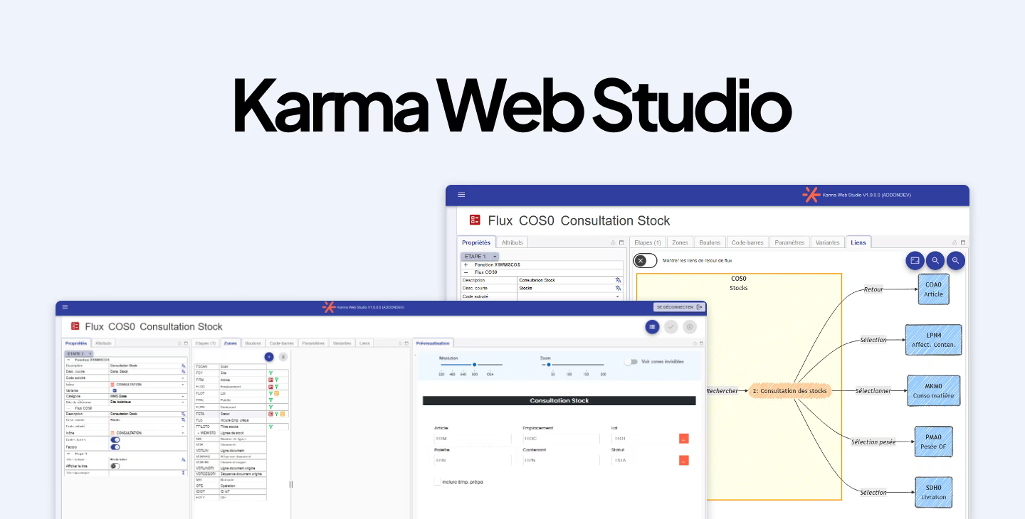 Interface de la plateforme Karma Web Studio pour la gestion et la consultation des stocks