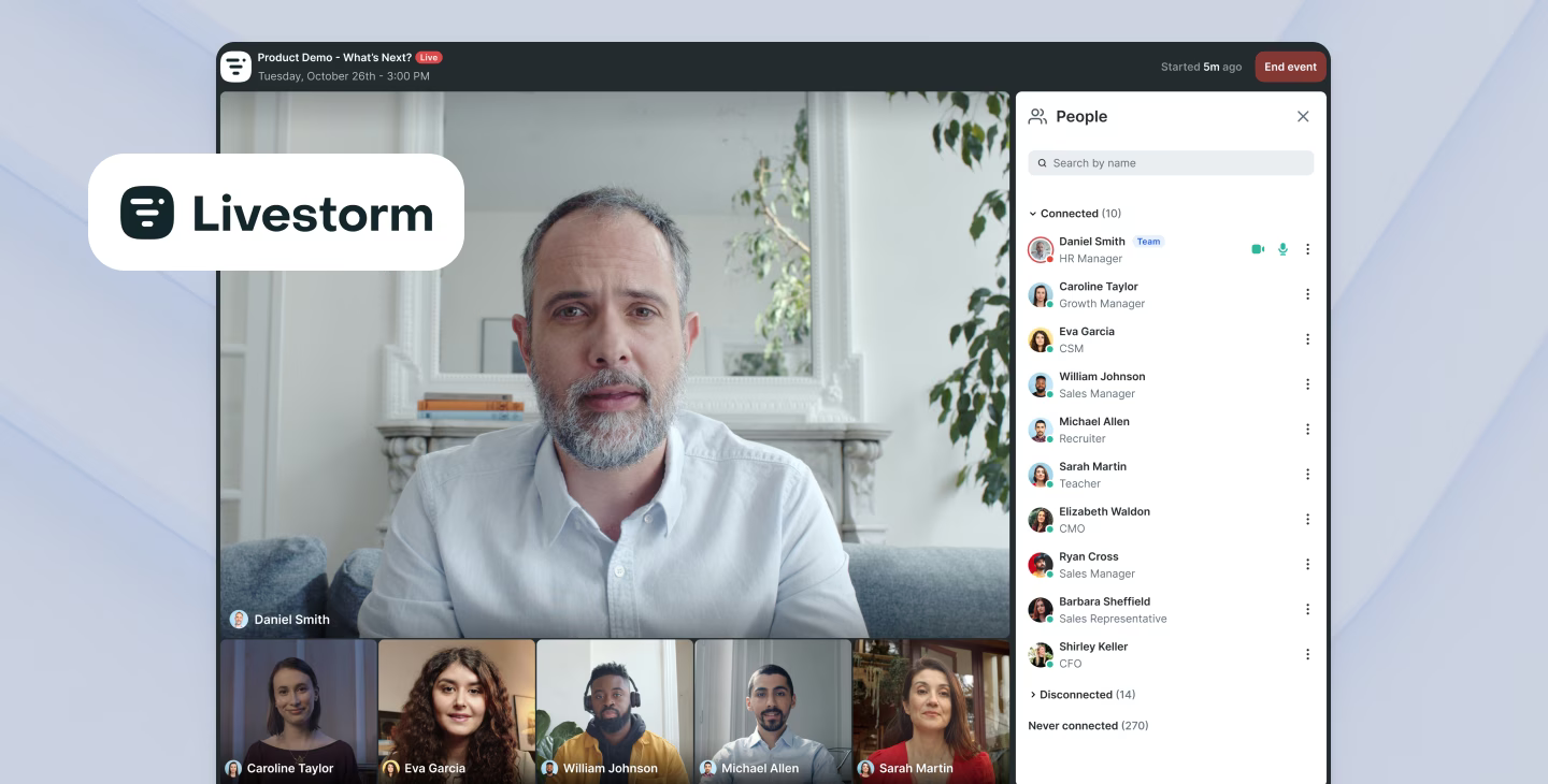 Écran d'un ordinateur portable illustrant la présentation d'un webinaire sur la plateforme Livestorm.