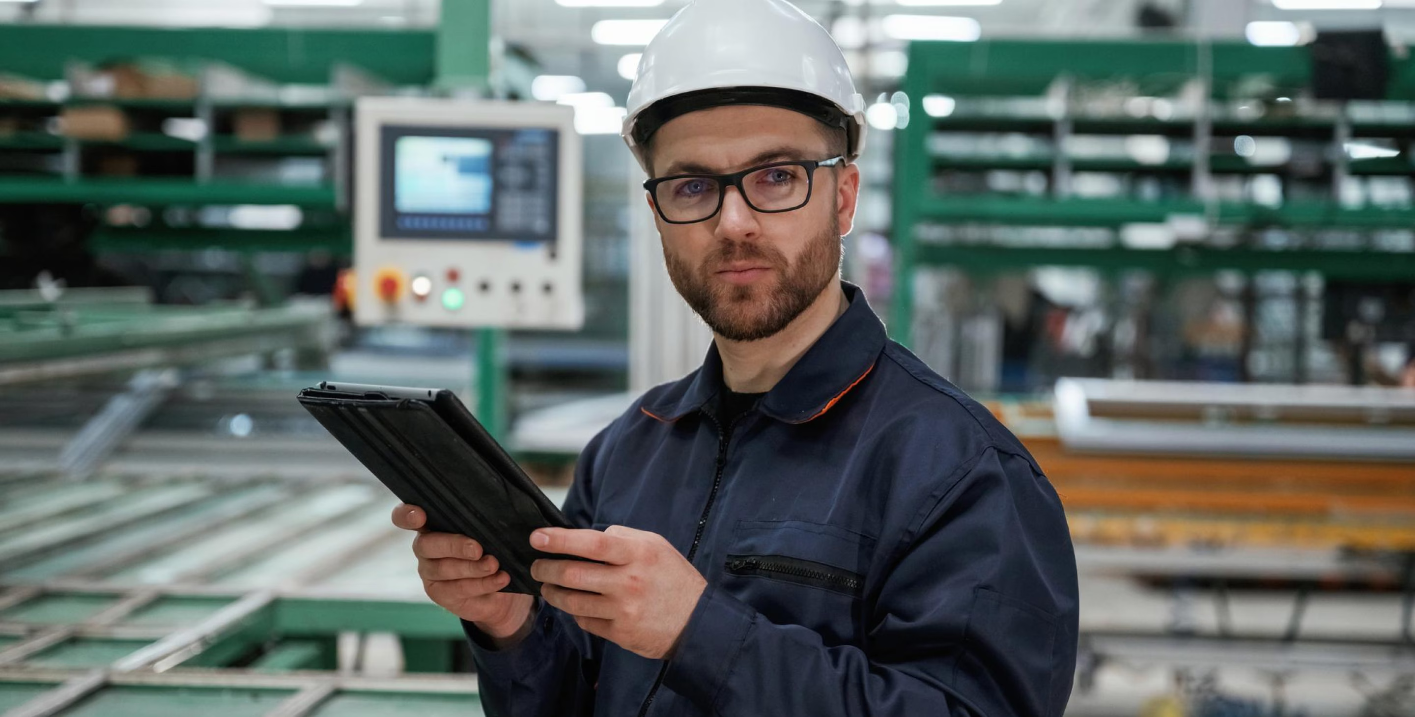 Opérateur industriel utilisant une tablette dans un atelier connecté, illustrant un Manufacturing Execution System (MES).