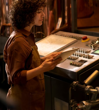 Opératrice en atelier industriel utilisant une tablette pour contrôler un poste de production avec Boyum IT et SAP Business One.