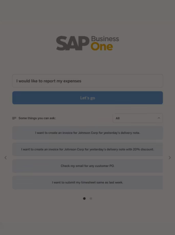 Capture d'écran d'une interface SAP Business One montrant une boîte de dialogue où un utilisateur peut saisir une commande, accompagnée de suggestions comme créer une facture ou soumettre une feuille de temps.