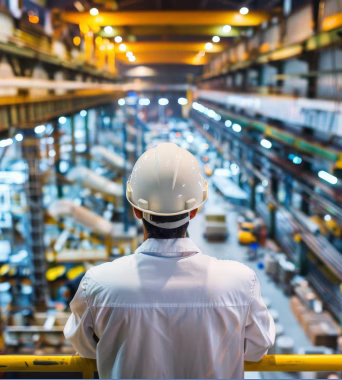 Un responsable de production portant un casque de sécurité supervise l’intérieur d’une grande usine avec SAP Business One et ProcessForce.