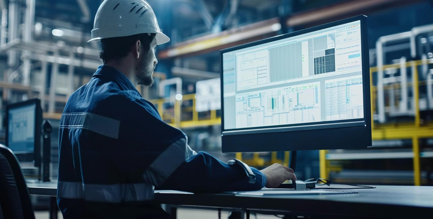 Technicien industriel utilisant les outils de planification dans IFS Cloud depuis un poste de travail en usine