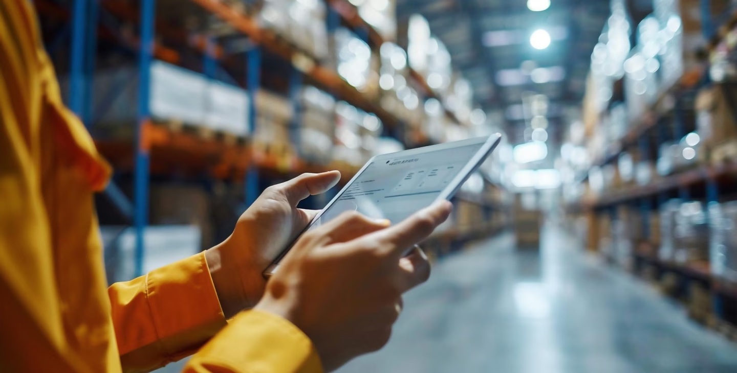 Responsable logistique utilisant une tablette dans le cadre d’un projet ERP