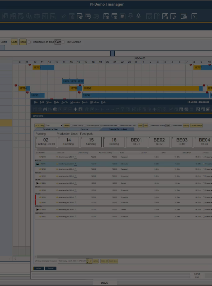 Interface SAP Business One avec ProcessForce affichant la planification de la production et le suivi des ordres de fabrication.