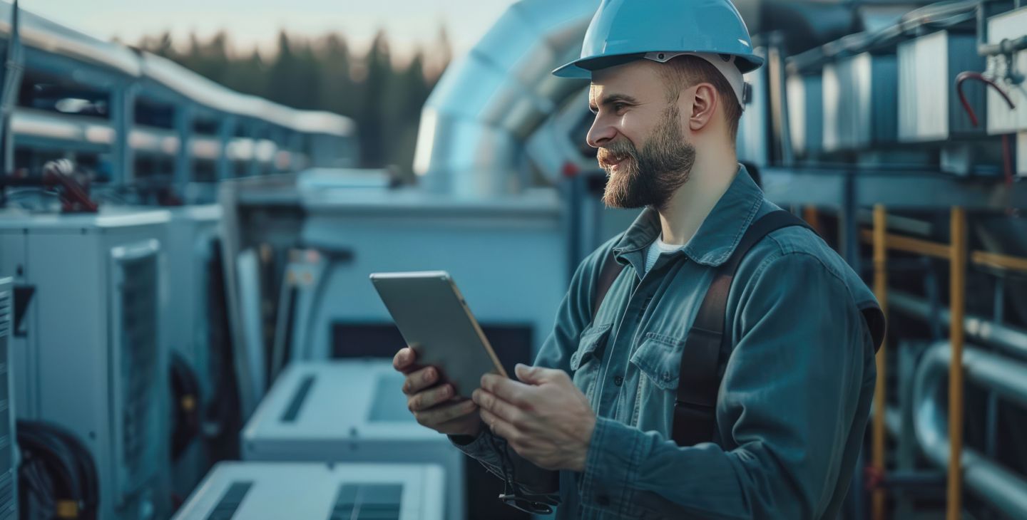 Technicien utilisant une tablette lors d’une intervention terrain, illustration du Field Service Management avec IFS Cloud.