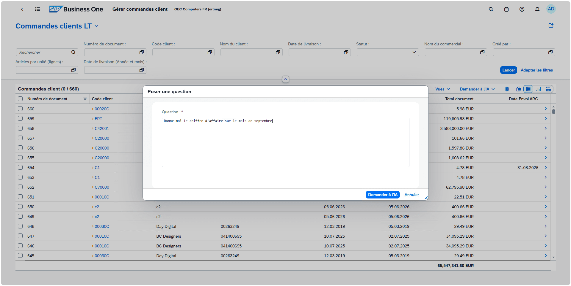 Fonction Ask AI intégrée à SAP Business One FP2608 pour interroger les données en langage naturel